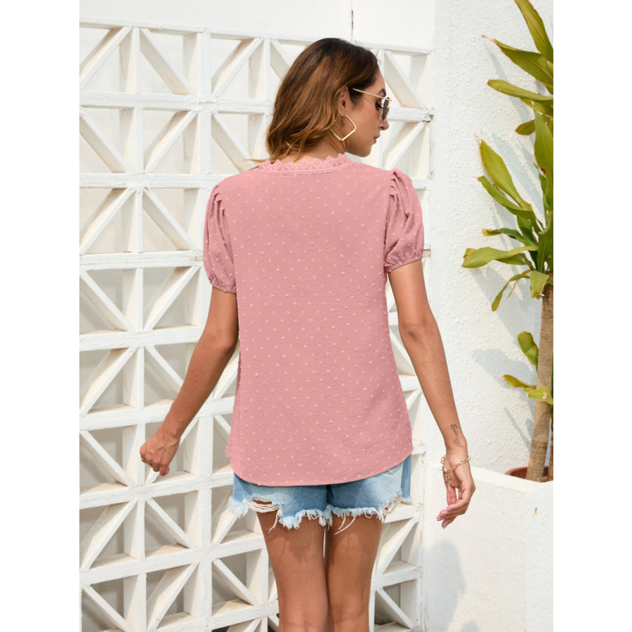 Swiss Dot Lace Detail V - Neck Blouse Apparel and Accessories