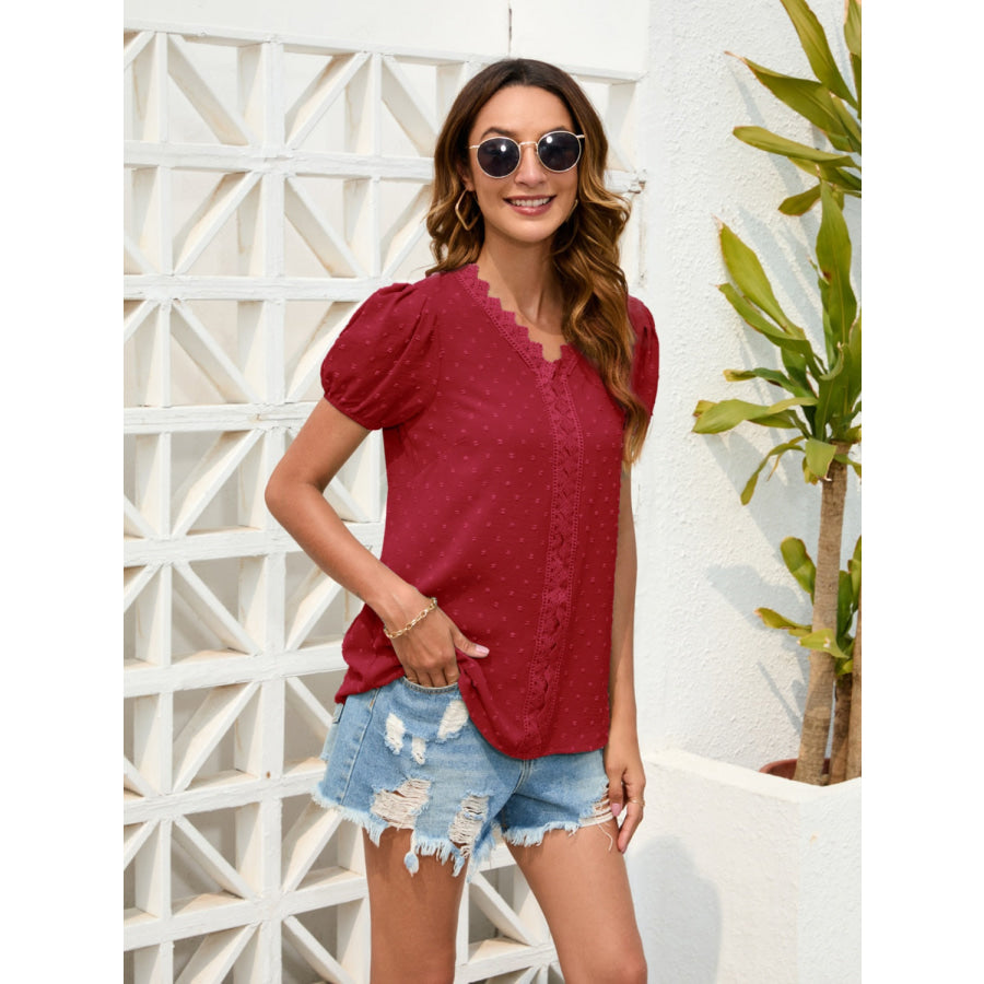 Swiss Dot Lace Detail V - Neck Blouse Apparel and Accessories