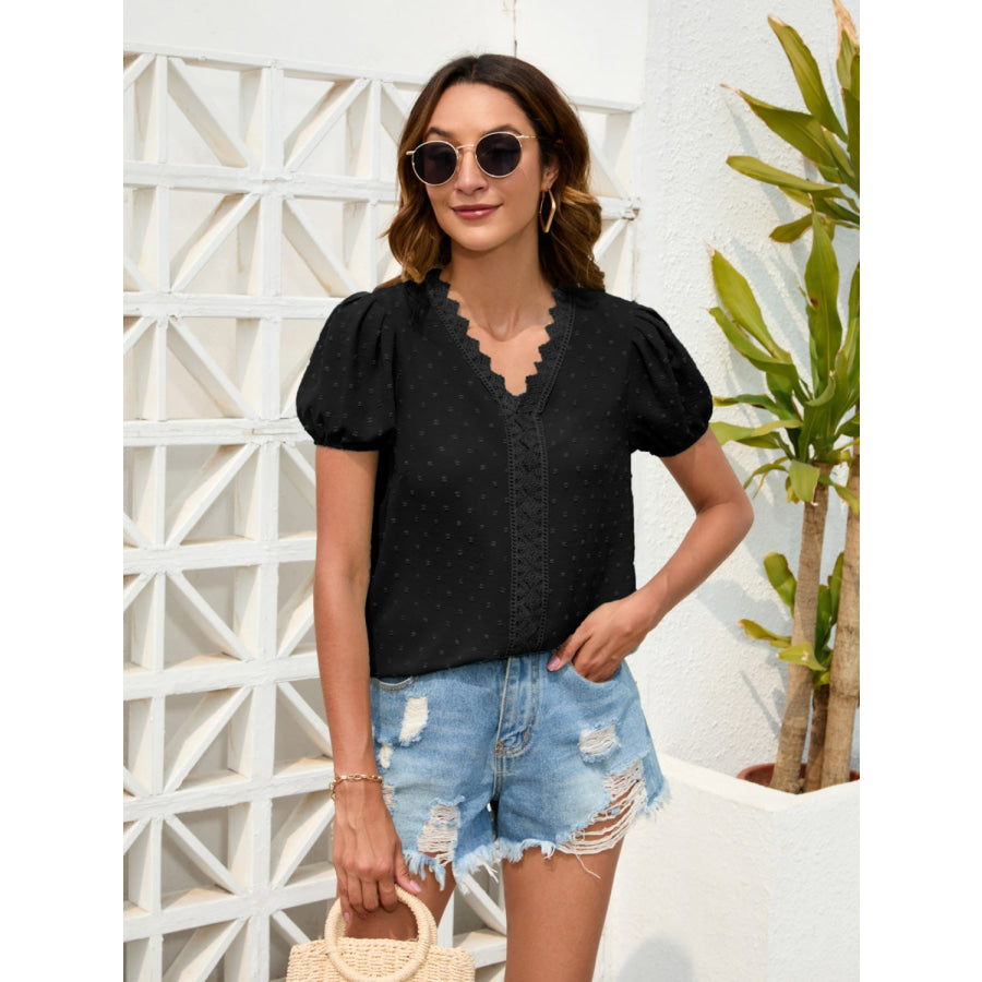 Swiss Dot Lace Detail V - Neck Blouse Black / S Apparel and Accessories