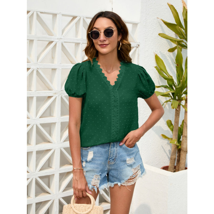 Swiss Dot Lace Detail V - Neck Blouse Green / S Apparel and Accessories