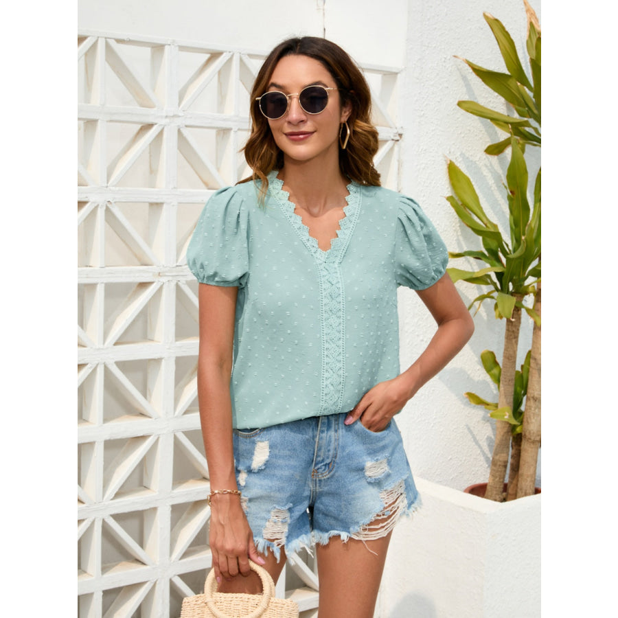 Swiss Dot Lace Detail V - Neck Blouse Gum Leaf / S Apparel and Accessories