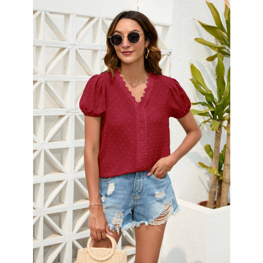 Swiss Dot Lace Detail V - Neck Blouse Wine / S Apparel and Accessories