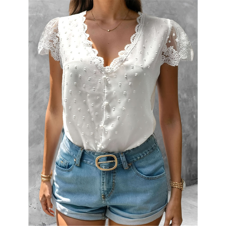 Swiss Dot Lace Detail V - Neck Cap Sleeve Blouse White / S Apparel and Accessories