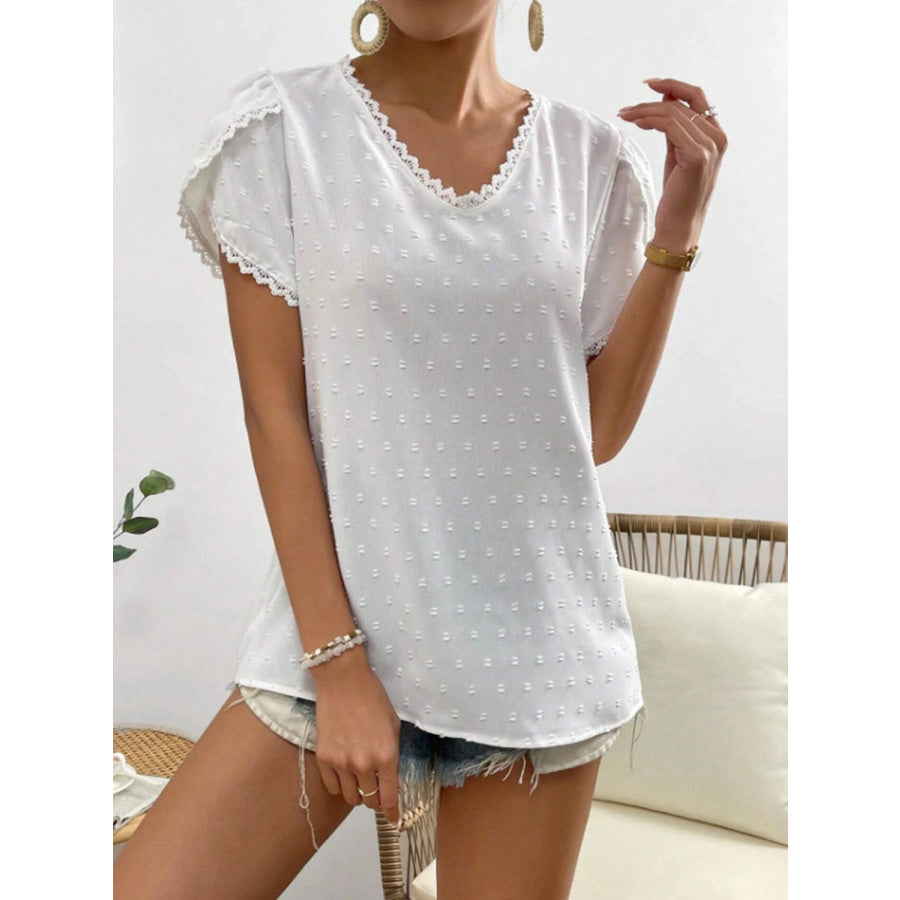 Swiss Dot Lace Detail V - Neck Petal Sleeve Blouse Apparel and Accessories