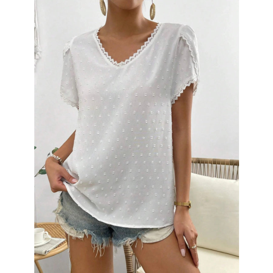 Swiss Dot Lace Detail V - Neck Petal Sleeve Blouse White / S Apparel and Accessories