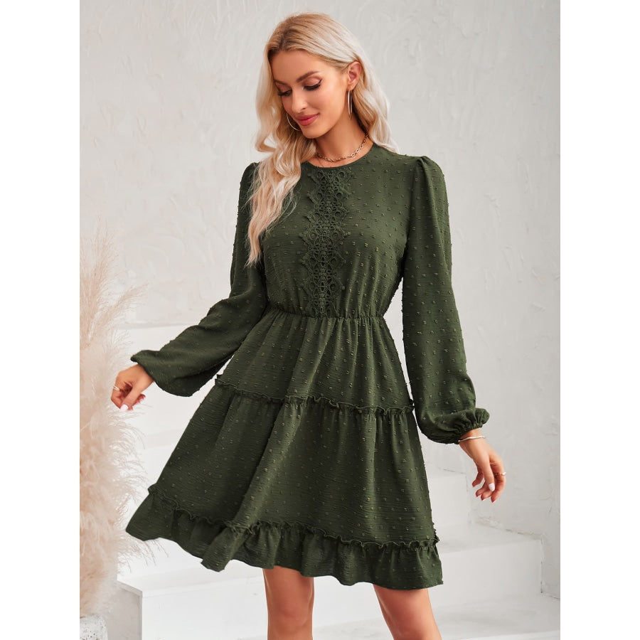 Swiss Dot Lace Trim Balloon Sleeve Dress Black Forest / S