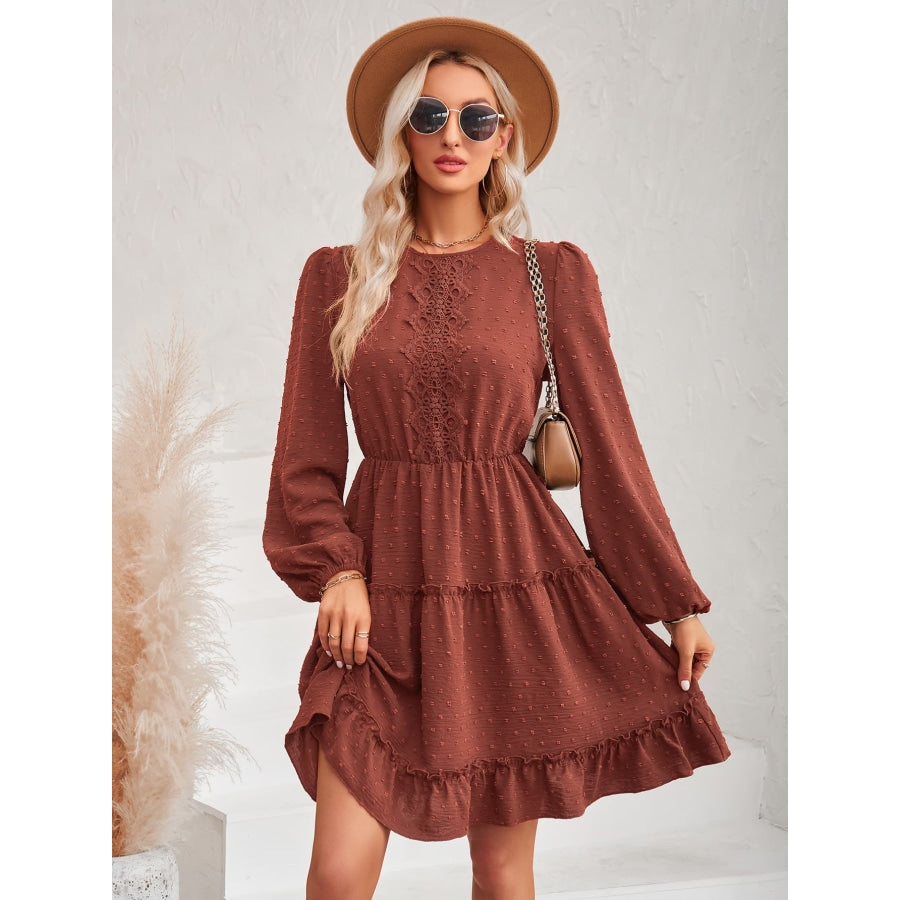 Swiss Dot Lace Trim Balloon Sleeve Dress Brick Red / S