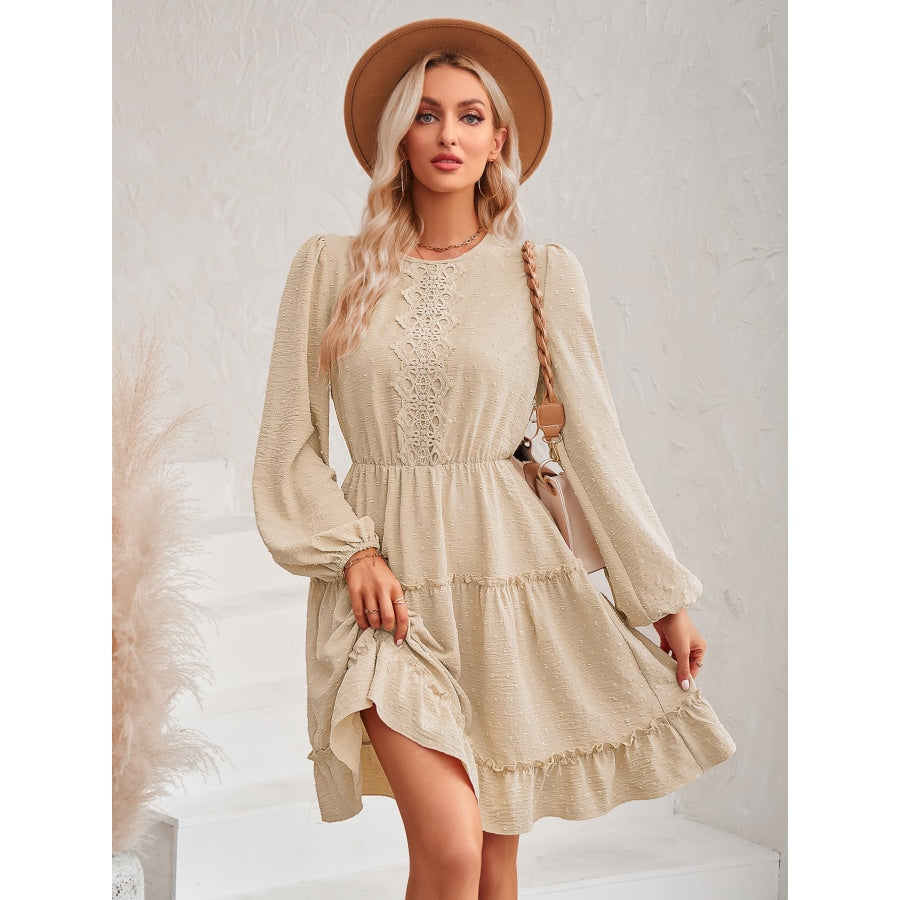 Swiss Dot Lace Trim Balloon Sleeve Dress Sand / S