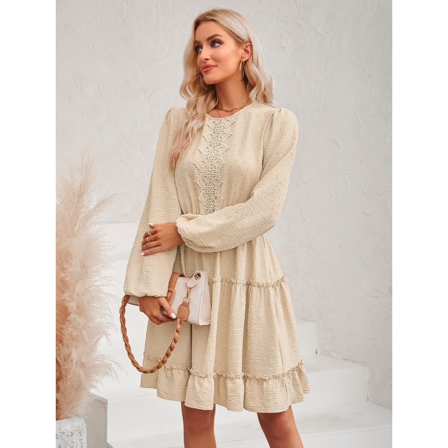 Swiss Dot Lace Trim Balloon Sleeve Dress