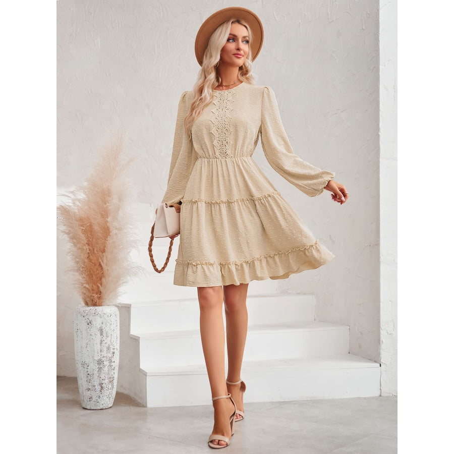 Swiss Dot Lace Trim Balloon Sleeve Dress