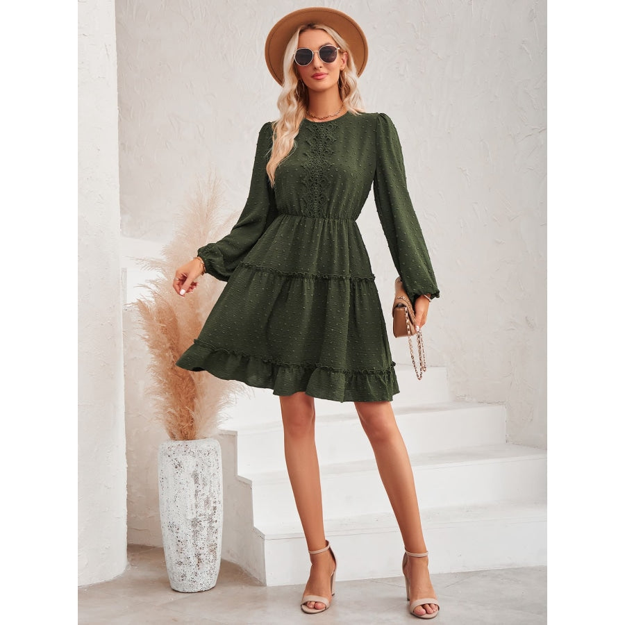 Swiss Dot Lace Trim Balloon Sleeve Dress