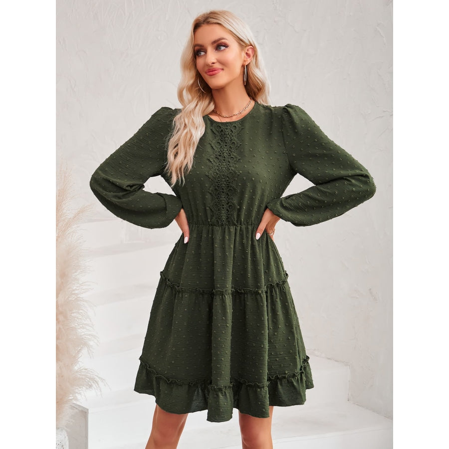 Swiss Dot Lace Trim Balloon Sleeve Dress