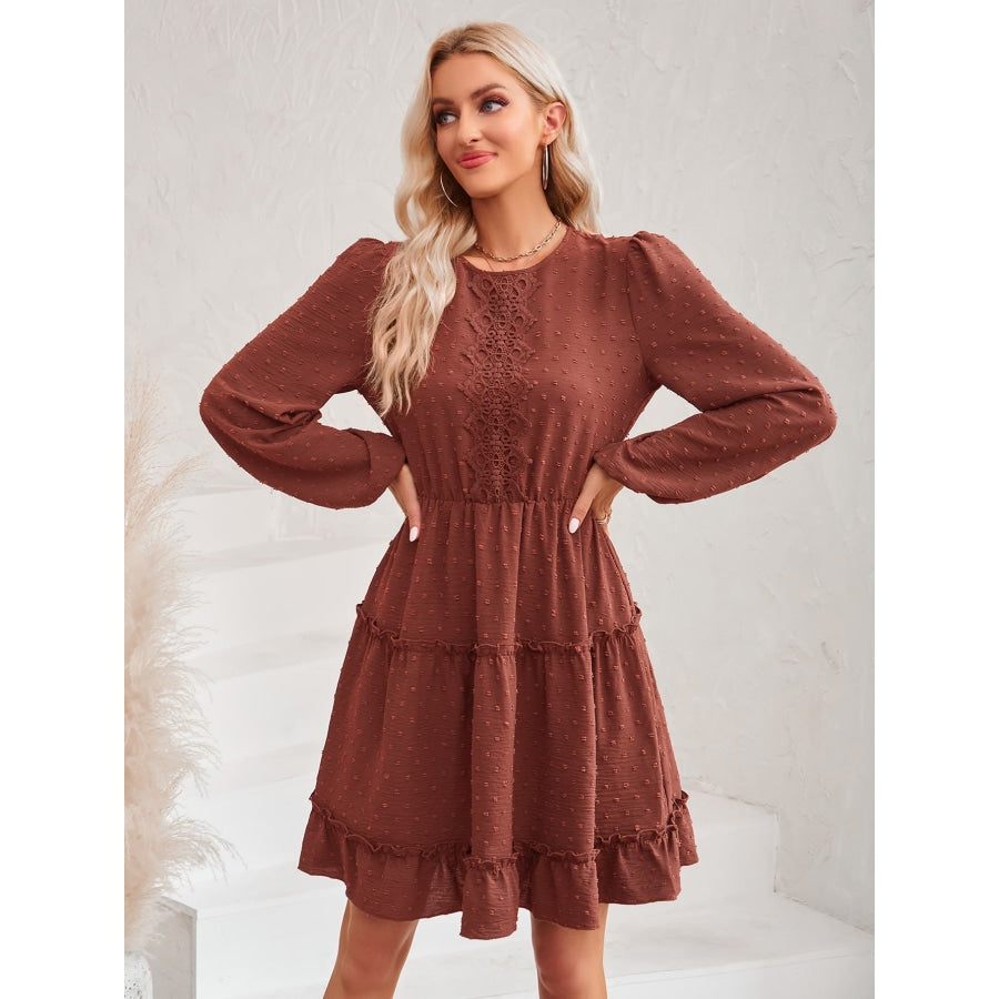 Swiss Dot Lace Trim Balloon Sleeve Dress