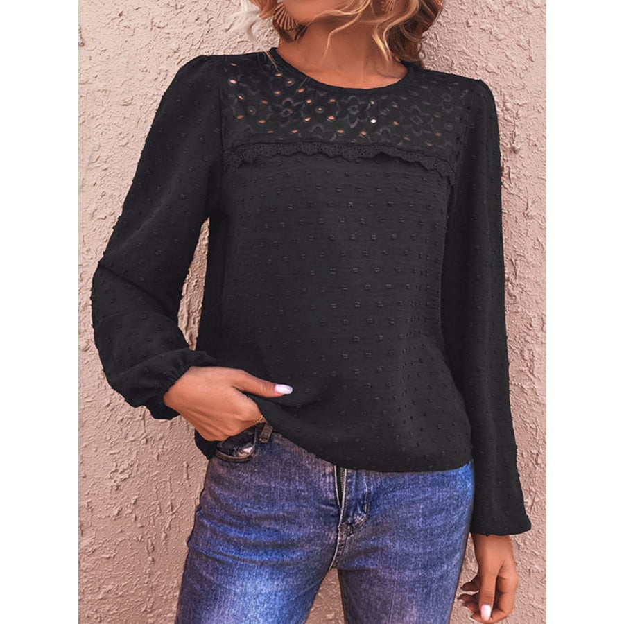 Swiss Dot Lace Trim Long Sleeve Blouse Black / S