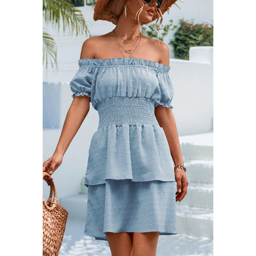 Swiss Dot Layered Short Sleeve Dress Misty Blue / S Apparel and Accessories