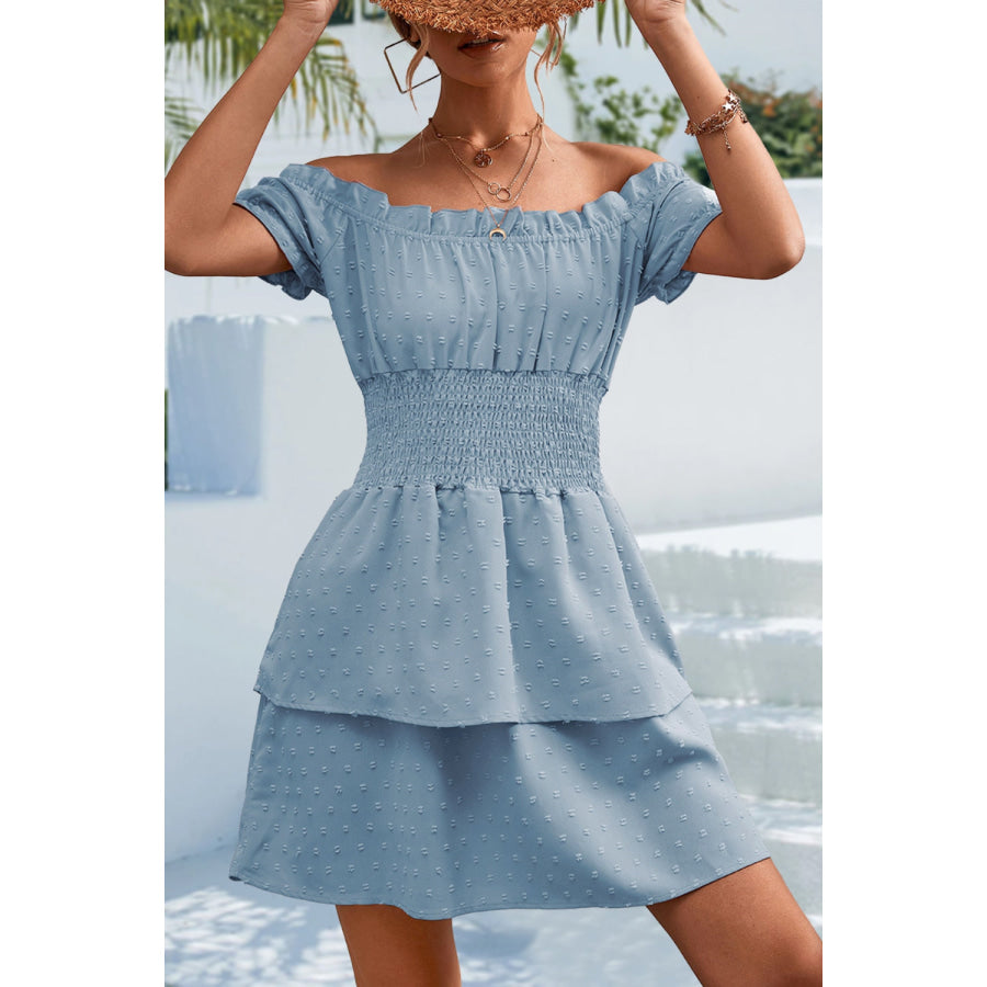 Swiss Dot Layered Short Sleeve Dress Misty Blue / S Apparel and Accessories