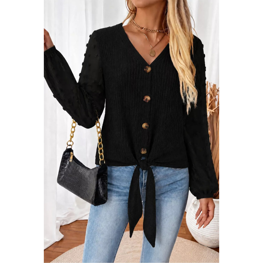 Swiss Dot Long Sleeve Button-Down Shirt Black / S Apparel and Accessories