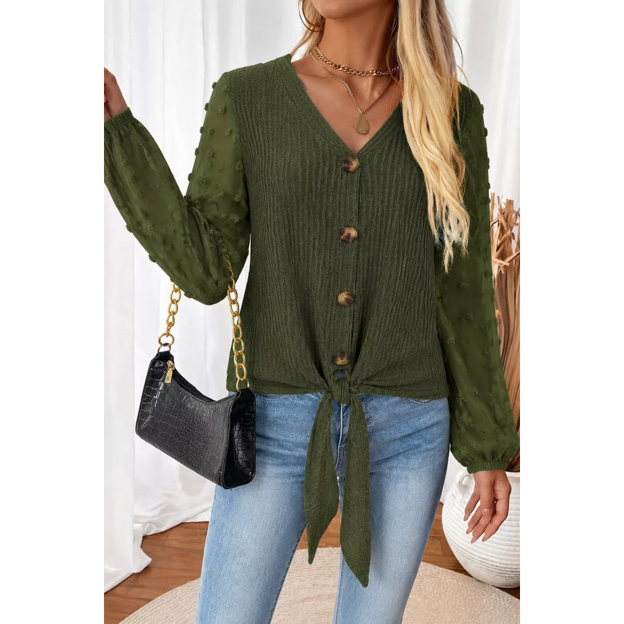 Swiss Dot Long Sleeve Button-Down Shirt Dark Green / S Apparel and Accessories