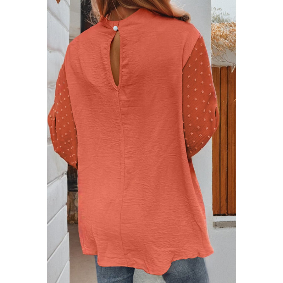 Swiss Dot Mock Neck Balloon Sleeve Blouse Apparel and Accessories