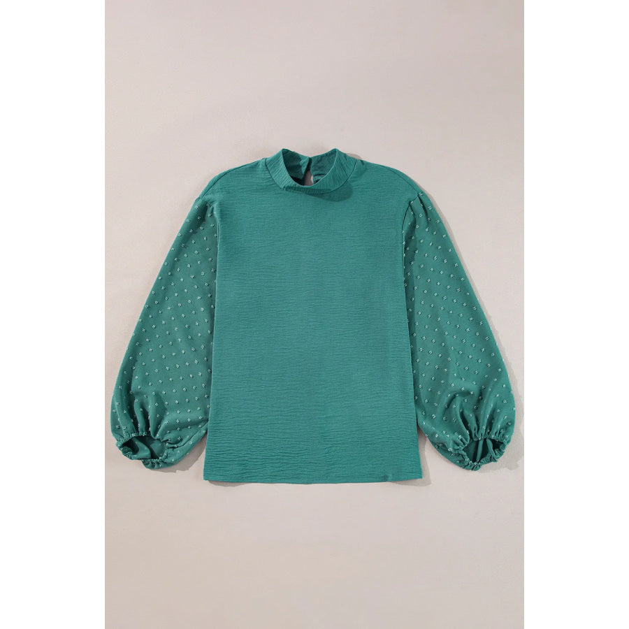 Swiss Dot Mock Neck Balloon Sleeve Blouse Teal / S Apparel and Accessories