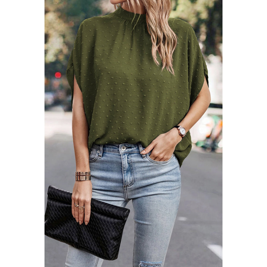 Swiss Dot Mock Neck Blouse Moss / S Apparel and Accessories