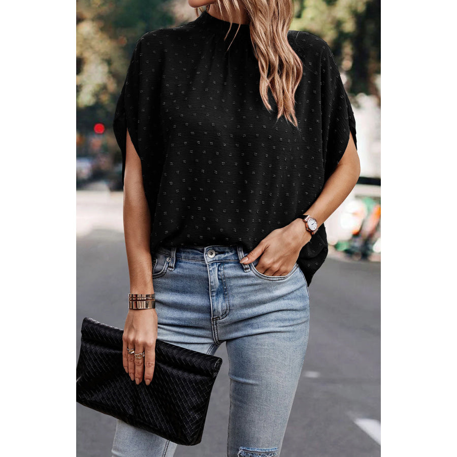 Swiss Dot Mock Neck Blouse Black / S Apparel and Accessories