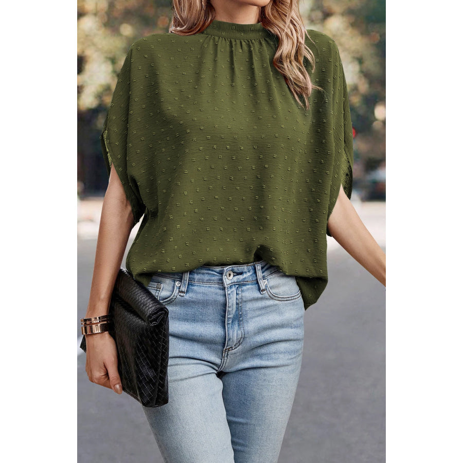 Swiss Dot Mock Neck Blouse Moss / S Apparel and Accessories