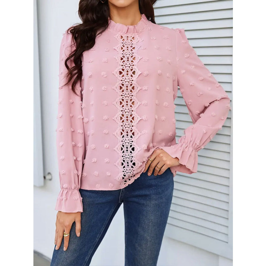 Swiss Dot Mock Neck Flounce Sleeve Blouse Blush Pink / S Apparel and Accessories