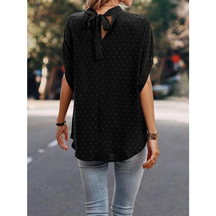 Swiss Dot Mock Neck Half Sleeve Blouse Apparel and Accessories