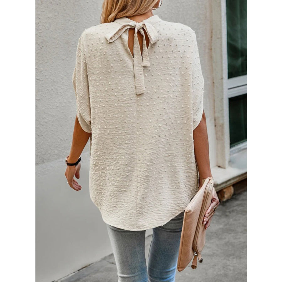 Swiss Dot Mock Neck Half Sleeve Blouse Cream / S Apparel and Accessories