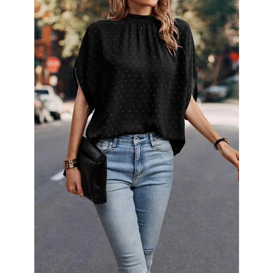 Swiss Dot Mock Neck Half Sleeve Blouse Apparel and Accessories