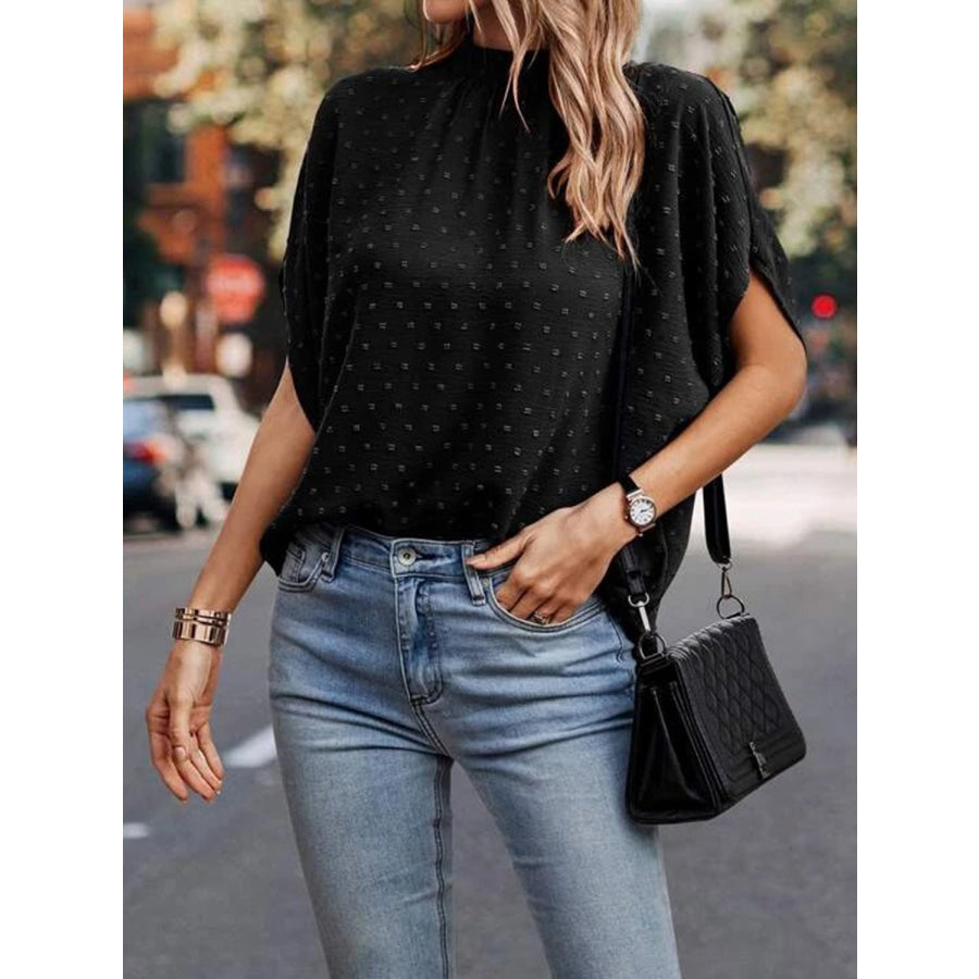 Swiss Dot Mock Neck Half Sleeve Blouse Black / S Apparel and Accessories