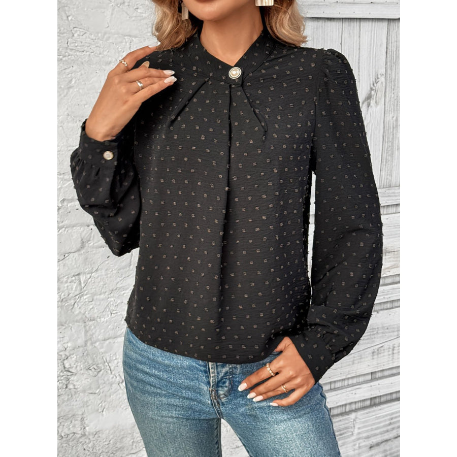 Swiss Dot Mock Neck Long Sleeve Blouse Apparel and Accessories