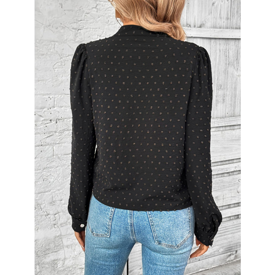 Swiss Dot Mock Neck Long Sleeve Blouse Apparel and Accessories