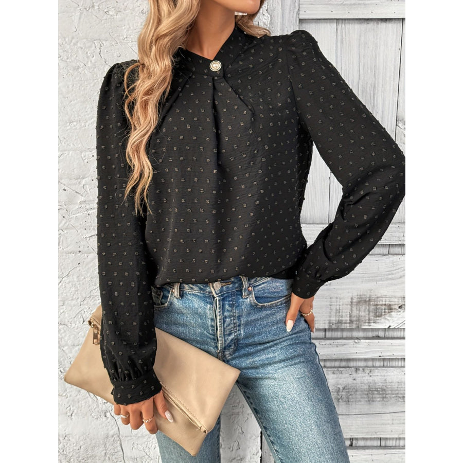 Swiss Dot Mock Neck Long Sleeve Blouse Apparel and Accessories