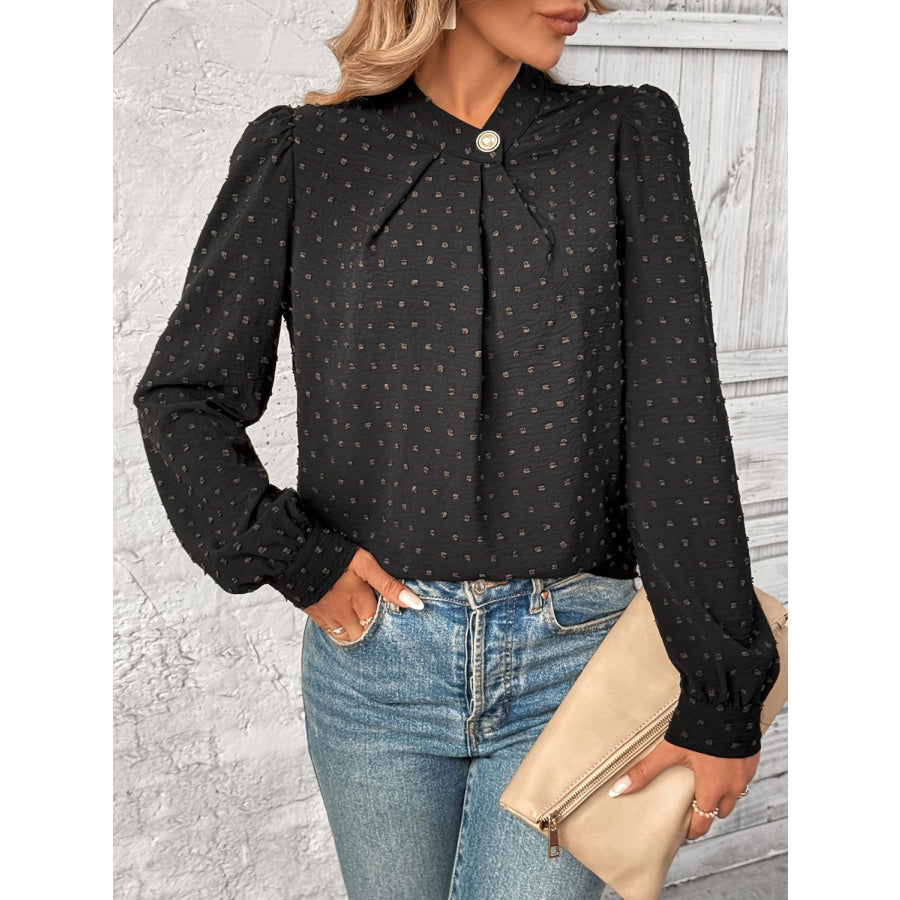 Swiss Dot Mock Neck Long Sleeve Blouse Black / S Apparel and Accessories