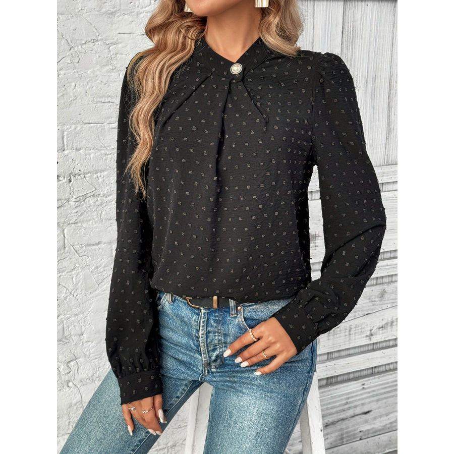 Swiss Dot Mock Neck Long Sleeve Blouse Apparel and Accessories