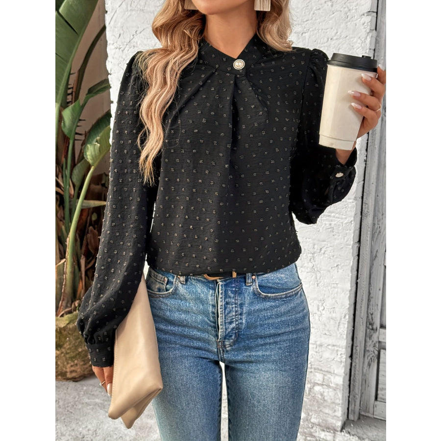 Swiss Dot Mock Neck Long Sleeve Blouse Black / S Apparel and Accessories