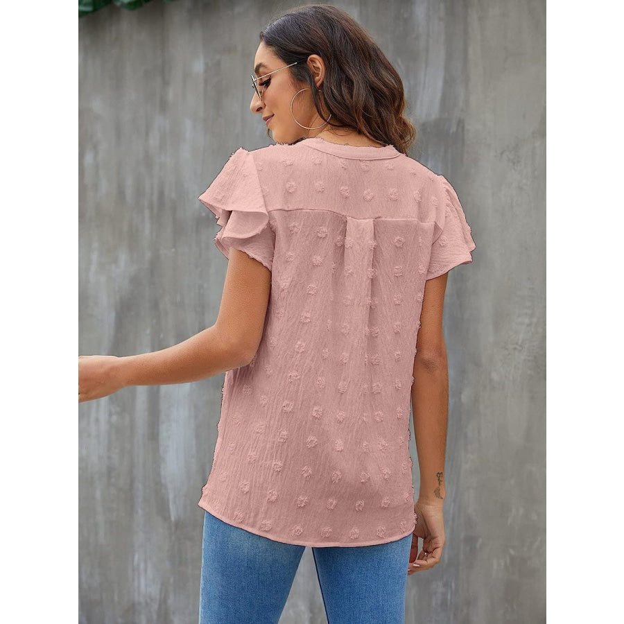 Swiss Dot Notched Cap Sleeve Blouse Apparel and Accessories