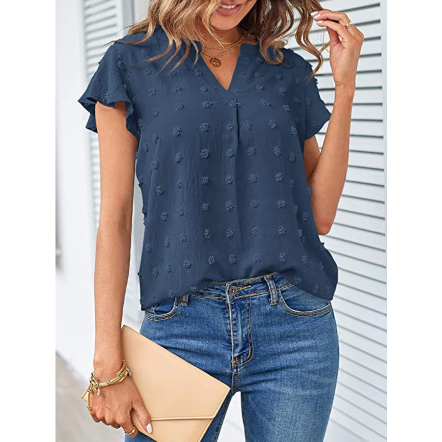 Swiss Dot Notched Cap Sleeve Blouse Apparel and Accessories