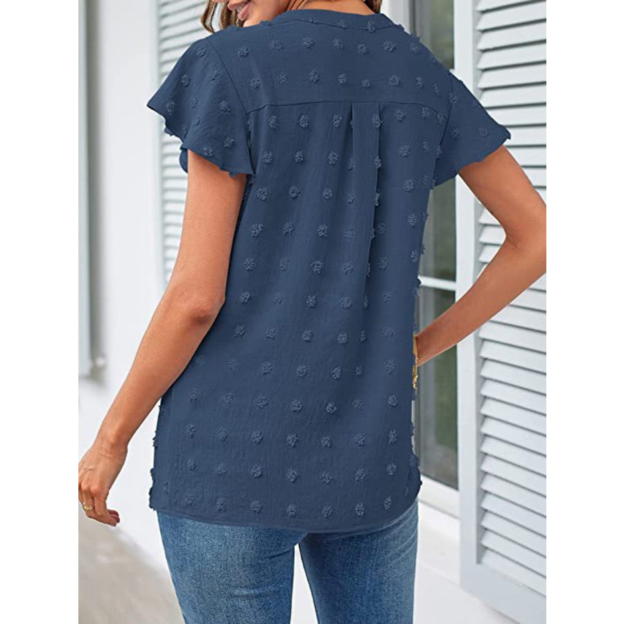 Swiss Dot Notched Cap Sleeve Blouse Apparel and Accessories