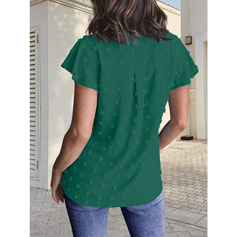 Swiss Dot Notched Cap Sleeve Blouse Apparel and Accessories