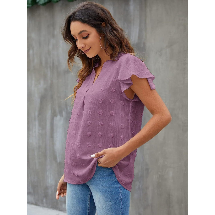 Swiss Dot Notched Cap Sleeve Blouse Apparel and Accessories