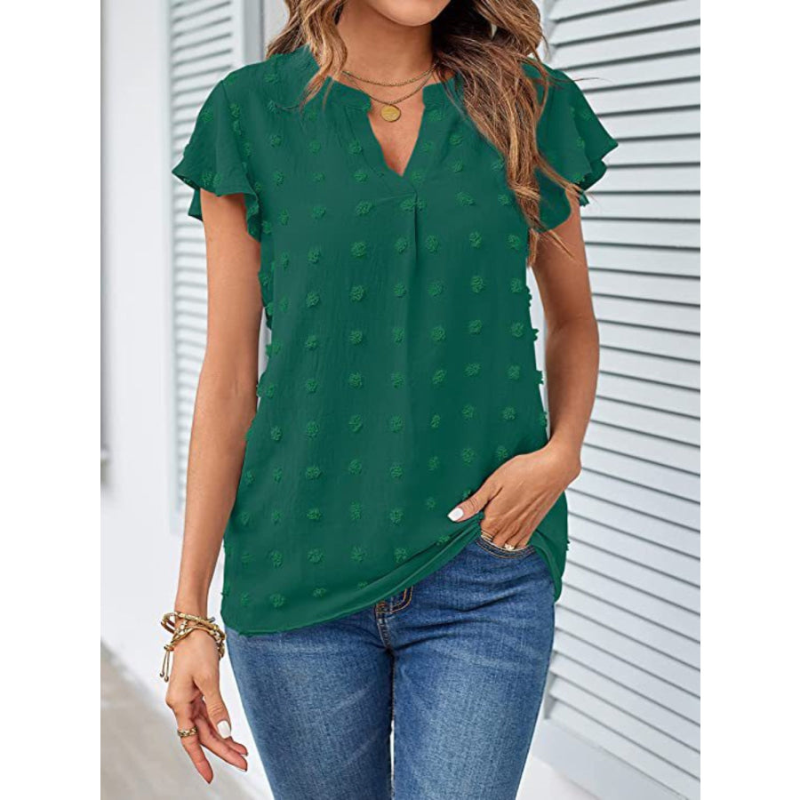 Swiss Dot Notched Cap Sleeve Blouse Apparel and Accessories