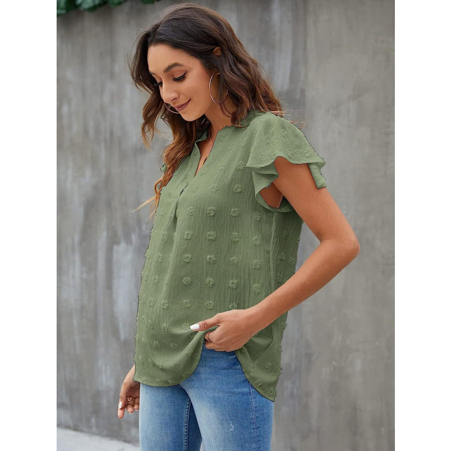 Swiss Dot Notched Cap Sleeve Blouse Apparel and Accessories