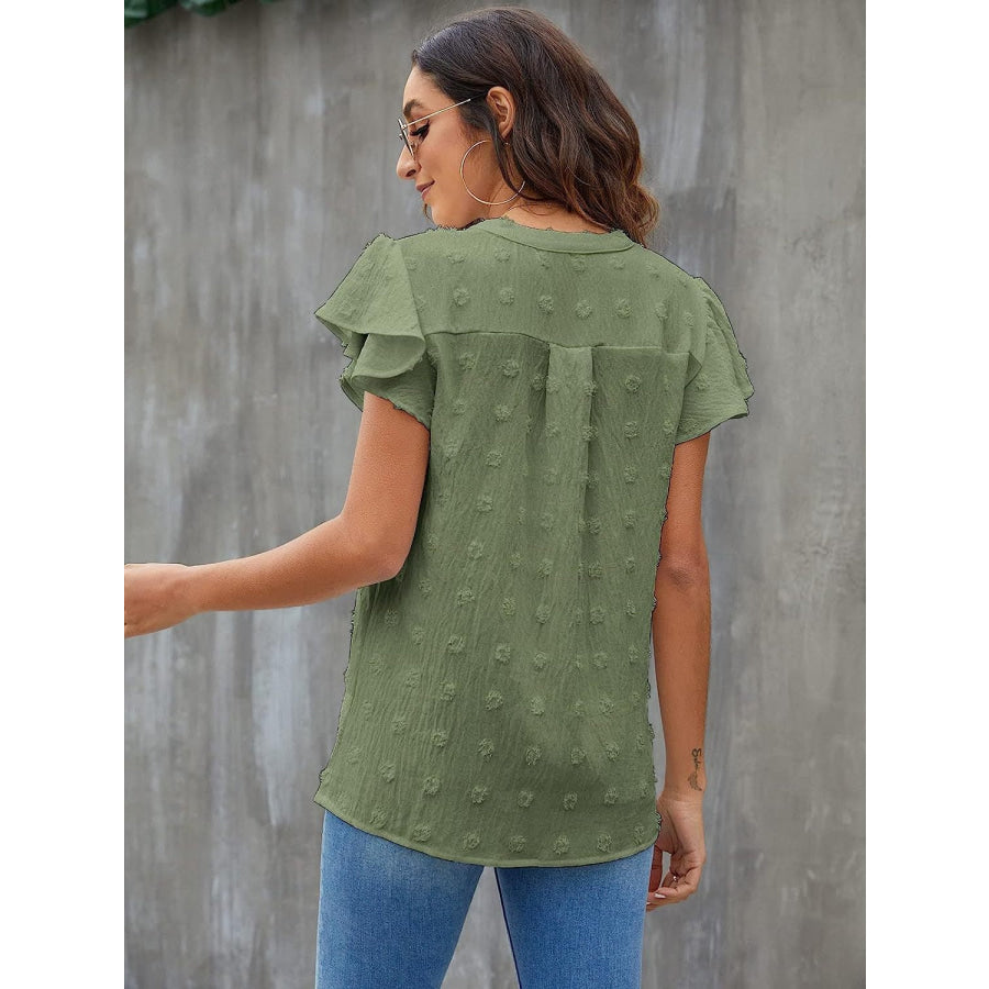 Swiss Dot Notched Cap Sleeve Blouse Apparel and Accessories