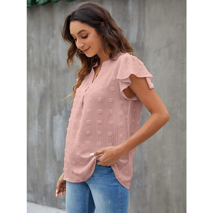 Swiss Dot Notched Cap Sleeve Blouse Apparel and Accessories