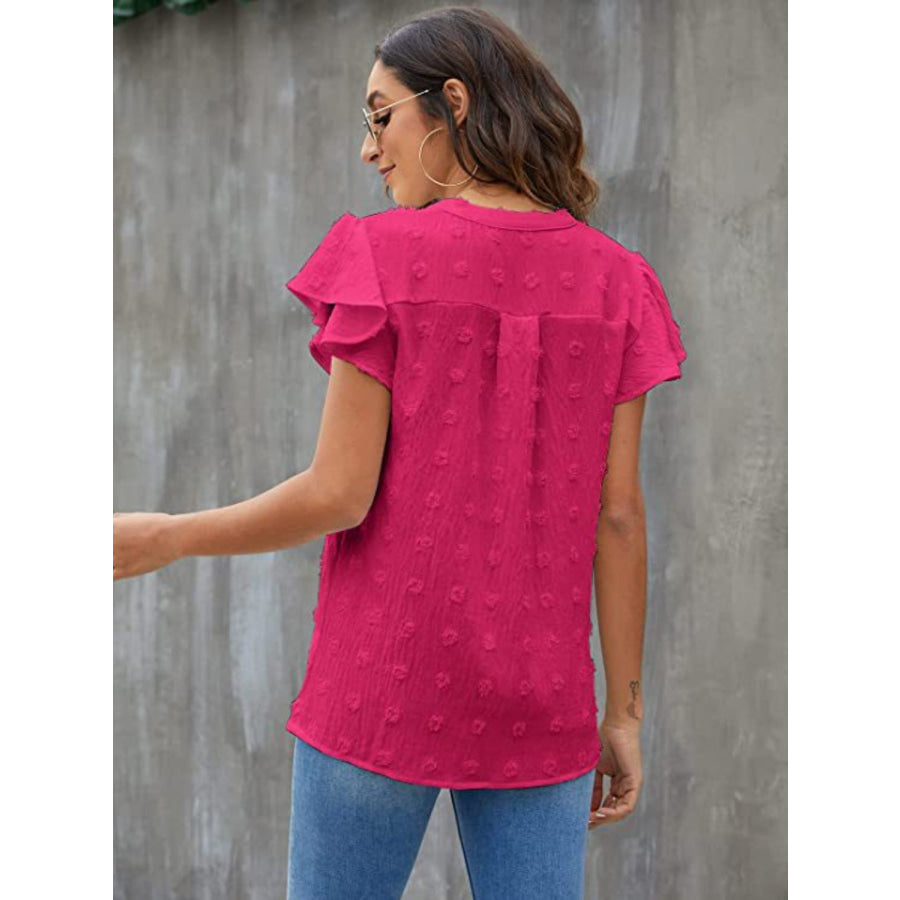 Swiss Dot Notched Cap Sleeve Blouse Apparel and Accessories