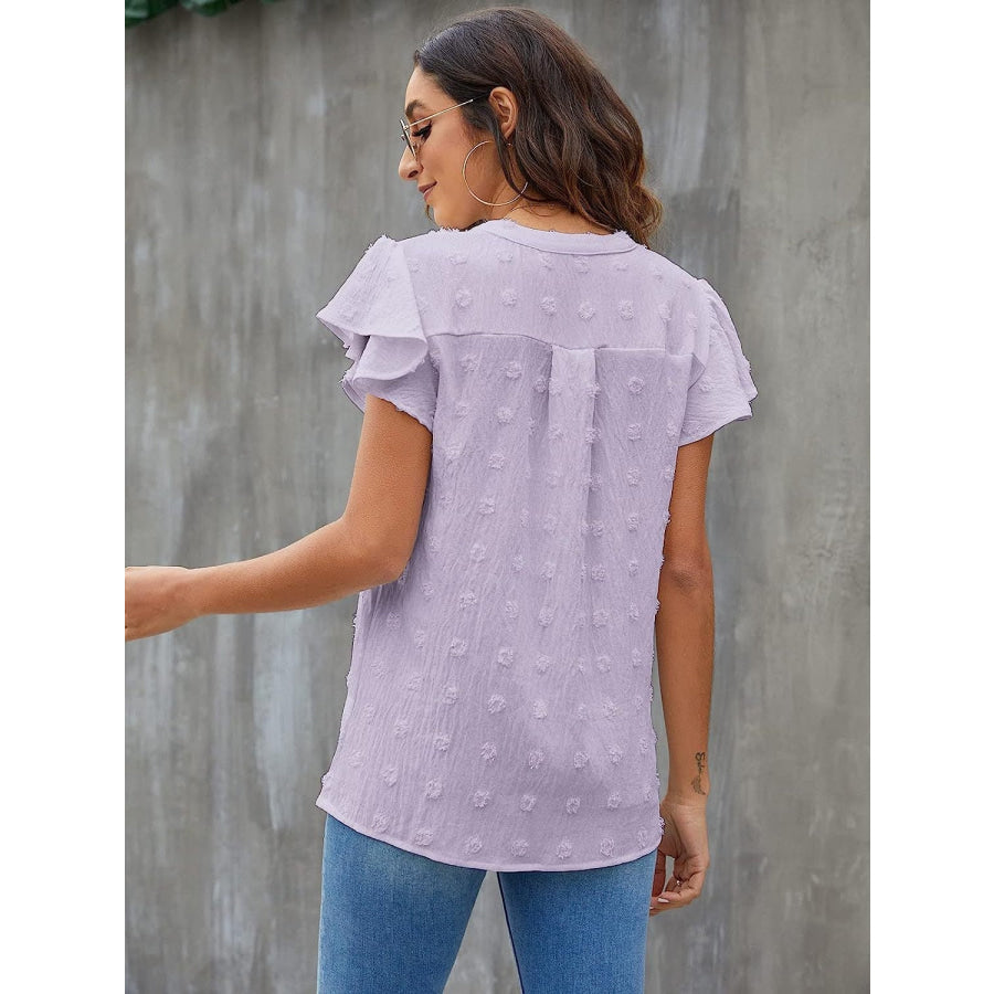 Swiss Dot Notched Cap Sleeve Blouse Apparel and Accessories