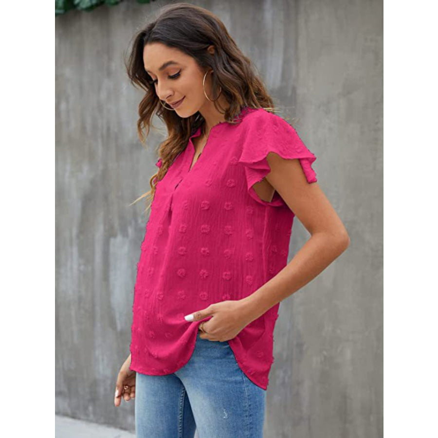 Swiss Dot Notched Cap Sleeve Blouse Deep Rose / S Apparel and Accessories